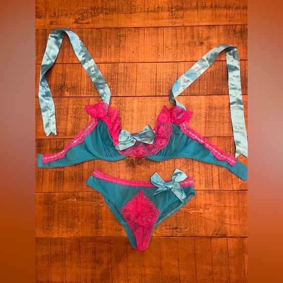 Intimates & Sleepwear Halter Neon Pink Blue Mesh Lace Bra Set Panties